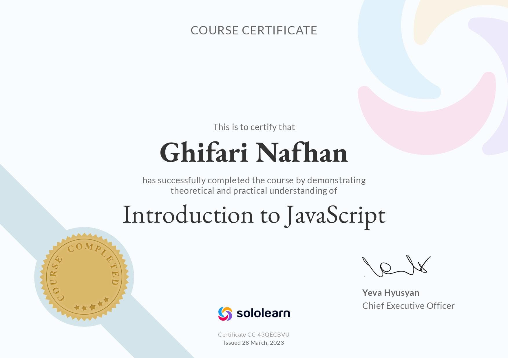 Introduction to JavaScript Certificate certificate, Sololearn