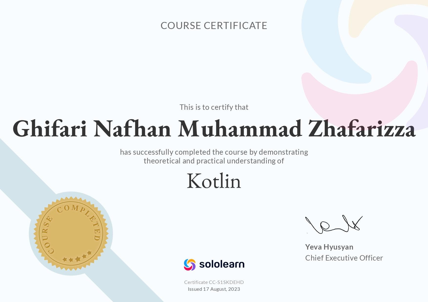 Kotlin Programming Language Certificate certificate, Sololearn