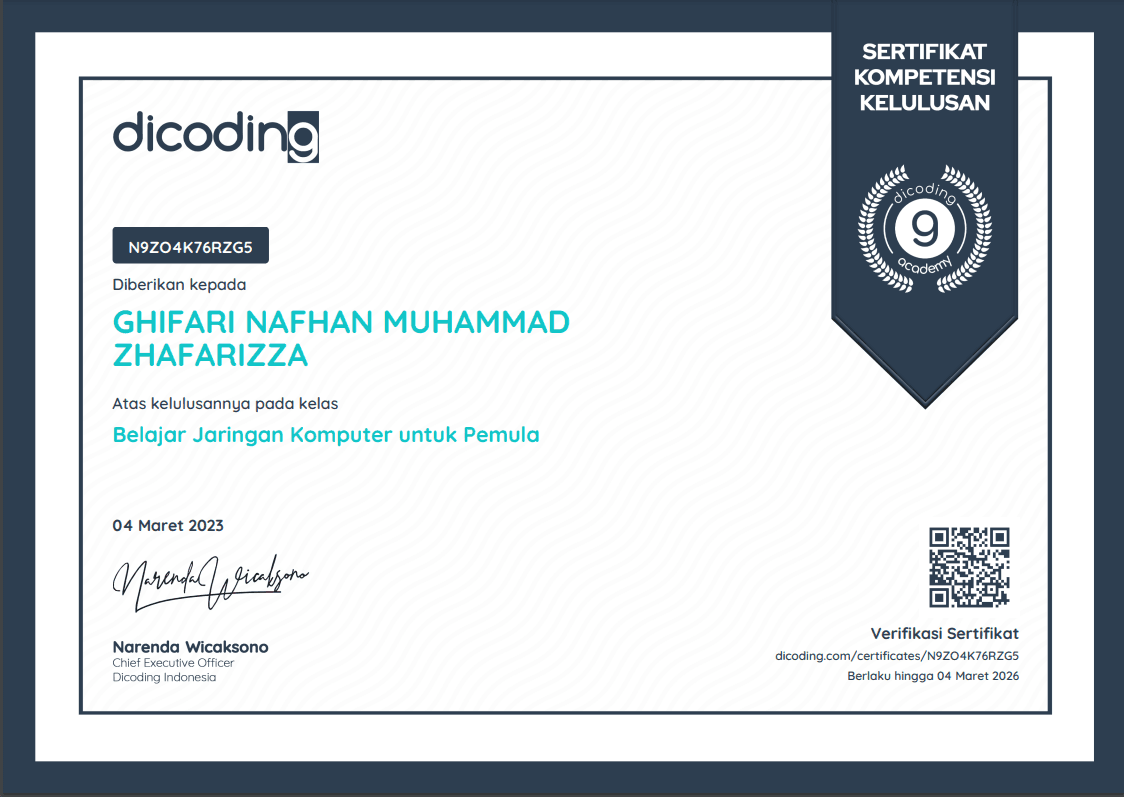 Belajar Jaringan Komputer untuk Pemula certificate, Dicoding Indonesia