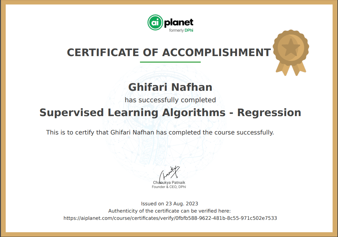 Supervised Learning Algorithms - Regression certificate, AI Planet