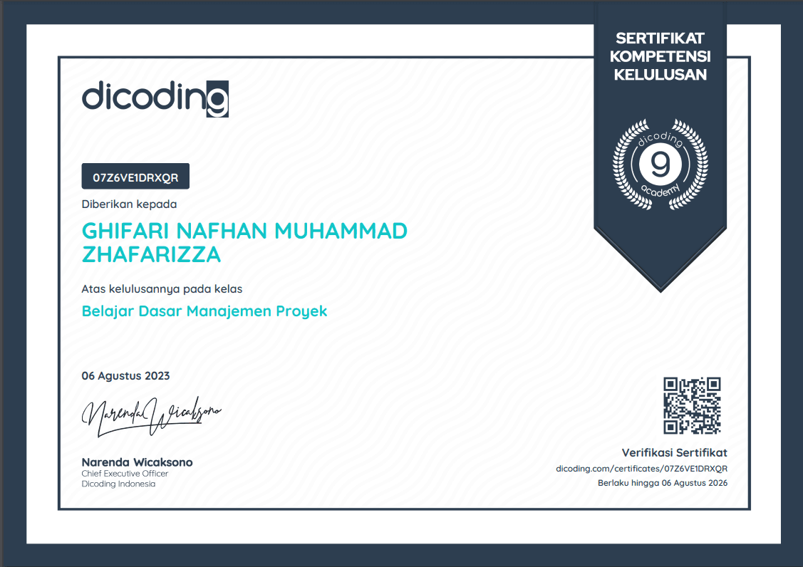Project Manager: Belajar Manajemen Proyek certificate, Dicoding Indonesia