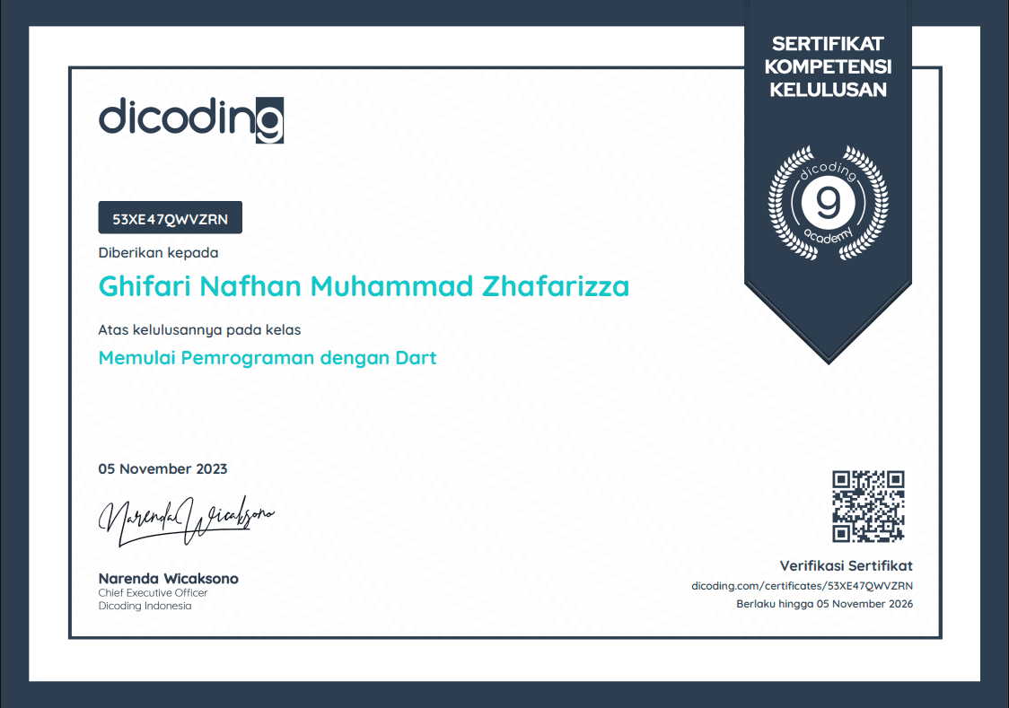 Memulai Pemrograman dengan Dart certificate, Dicoding Indonesia