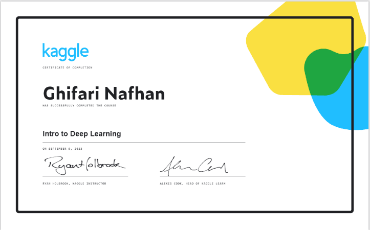 Machine Learning: Introduction to Deep Learning certificate, Kaggle