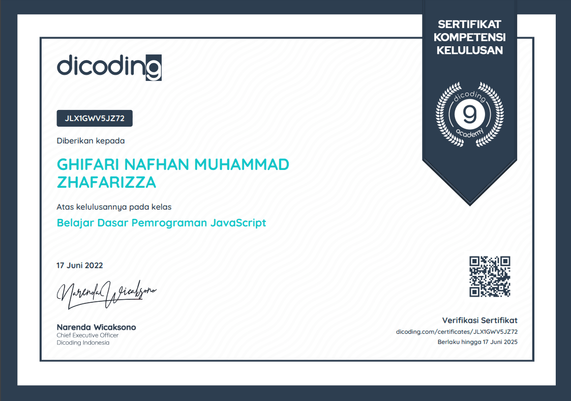 Belajar Dasar Pemrograman JavaScript certificate, Dicoding Indonesia
