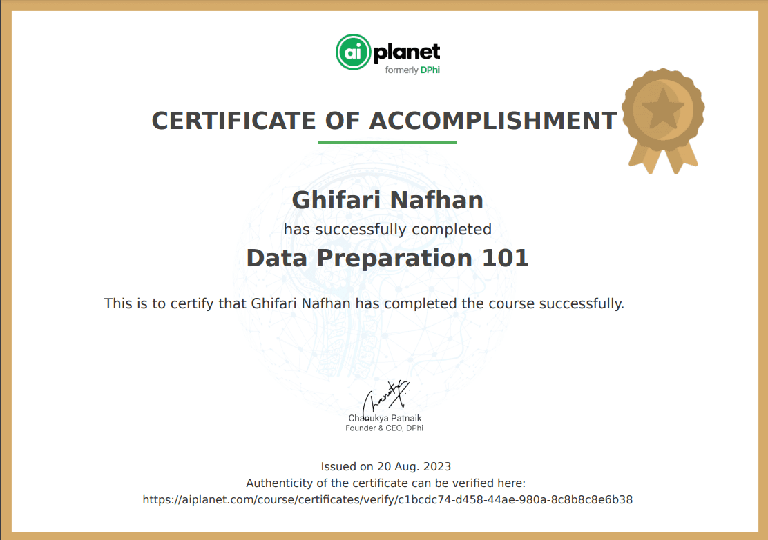 Machine Learning: Data Preparation 101 certificate, AI Planet