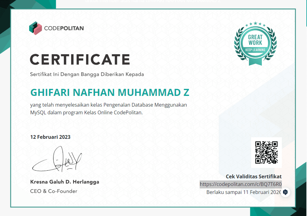 Kelas Pengenalan Database Menggunakan MySQL certificate, Codepolitan