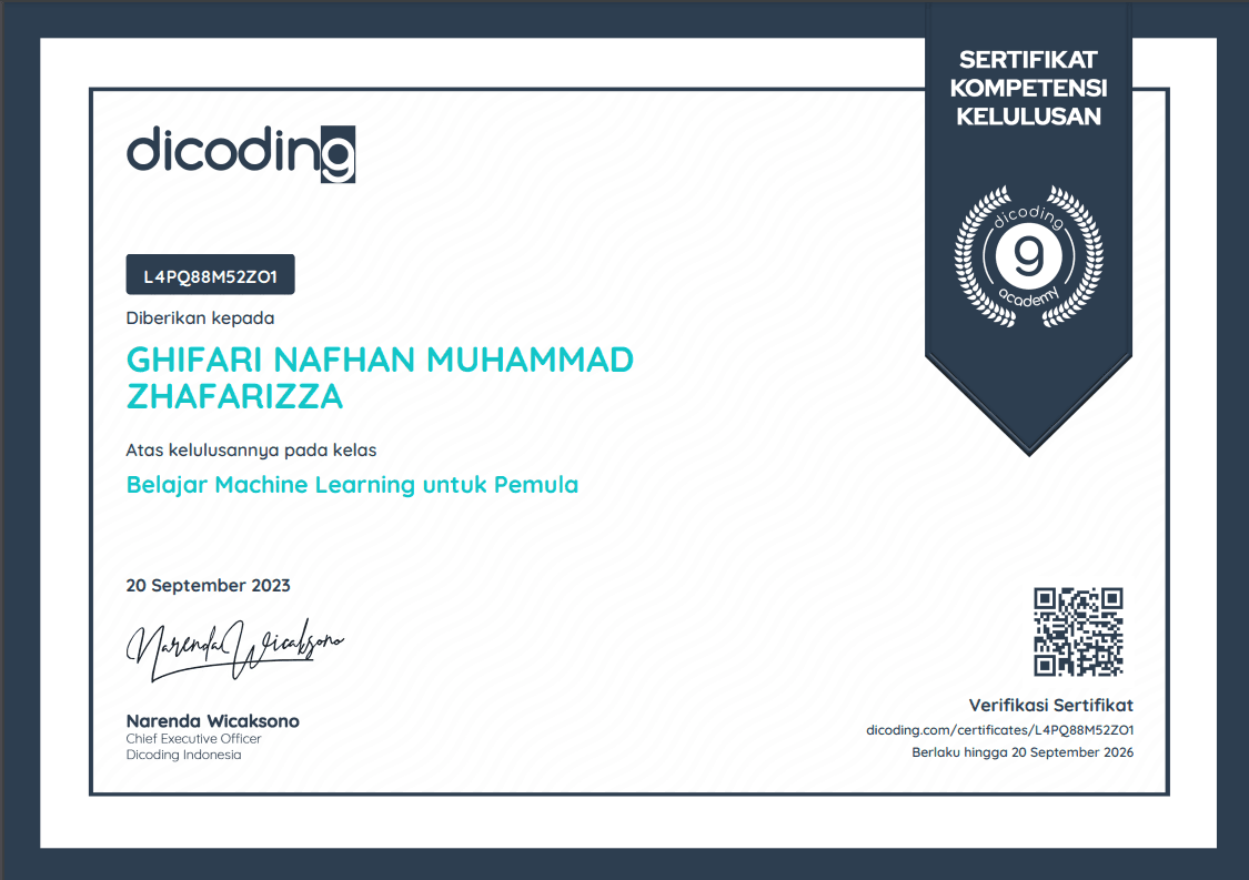 Memulai Machine Learning untuk Pemula certificate, Dicoding Indonesia