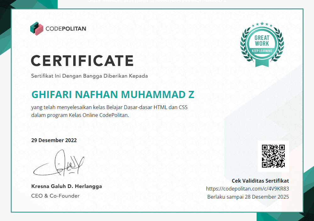 Kelas Belajar Dasar-dasar HTML dan CSS certificate, Codepolitan