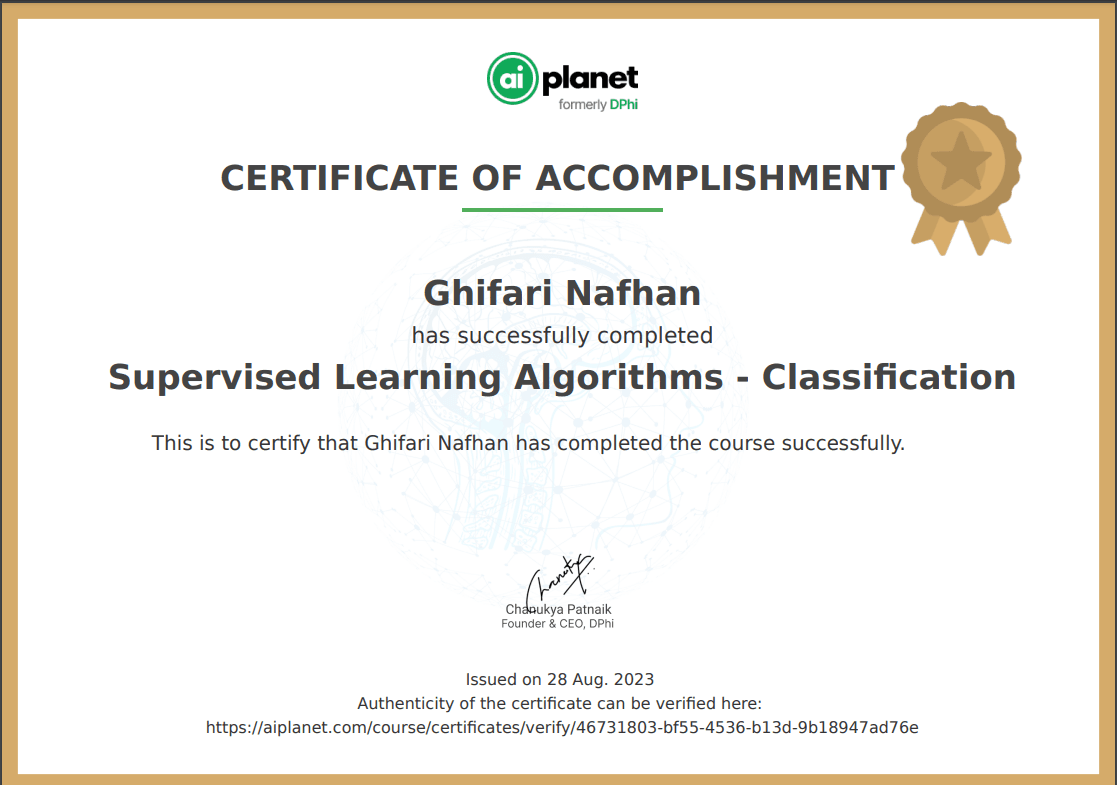 Supervised Learning Algorithms - Classification certificate, AI Planet