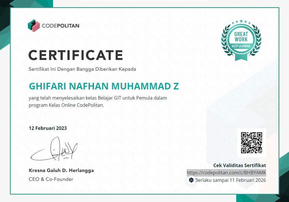 Belajar GIT untuk Pemula certificate, Codepolitan