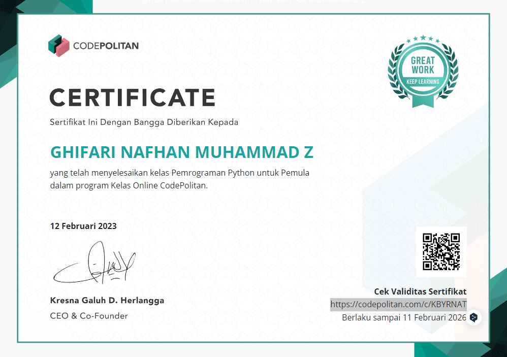 Kelas Pemrograman Python untuk Pemula certificate, Codepolitan