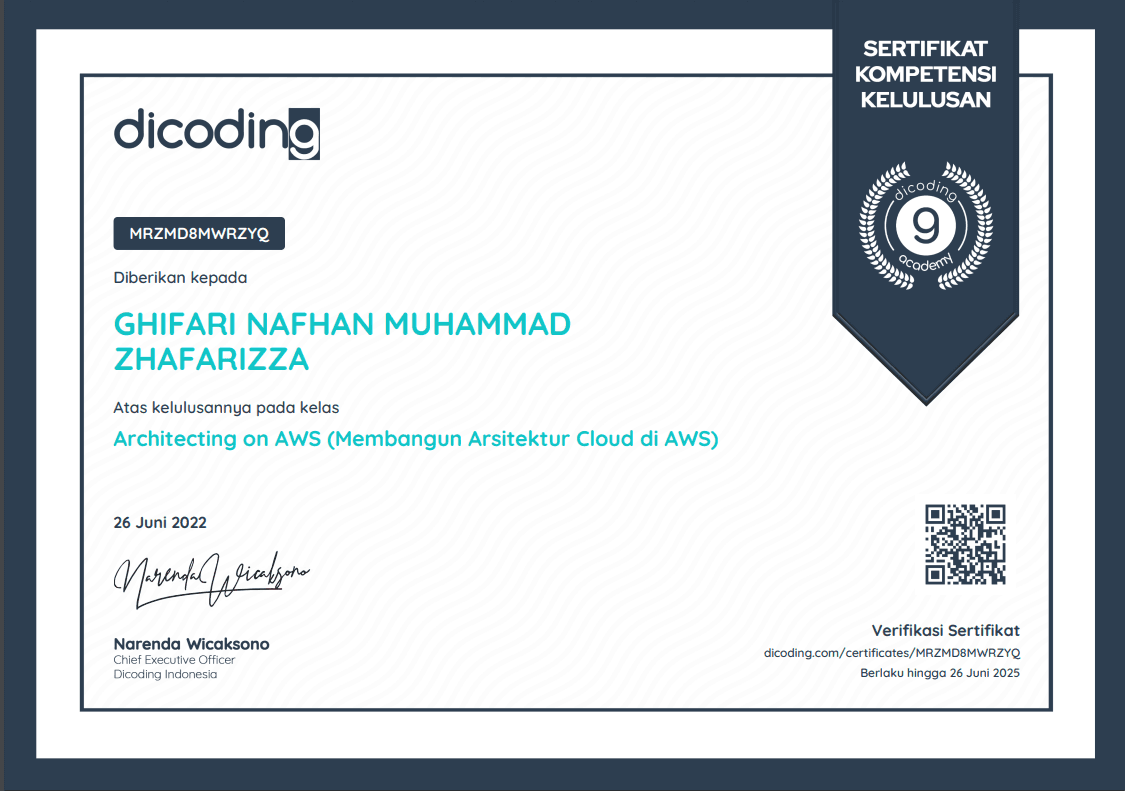 Architecting on AWS (Membangun Arsitektur Cloud di AWS) certificate, Dicoding Indonesia