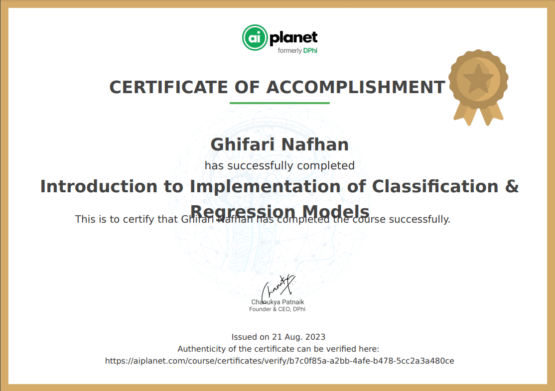 Introduction to Implementation of Classification & Regression Models certificate, AI Planet