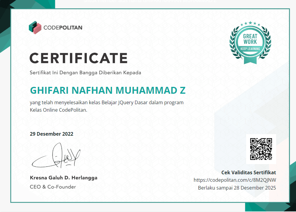 Kelas Belajar JQuery Dasar certificate, Codepolitan