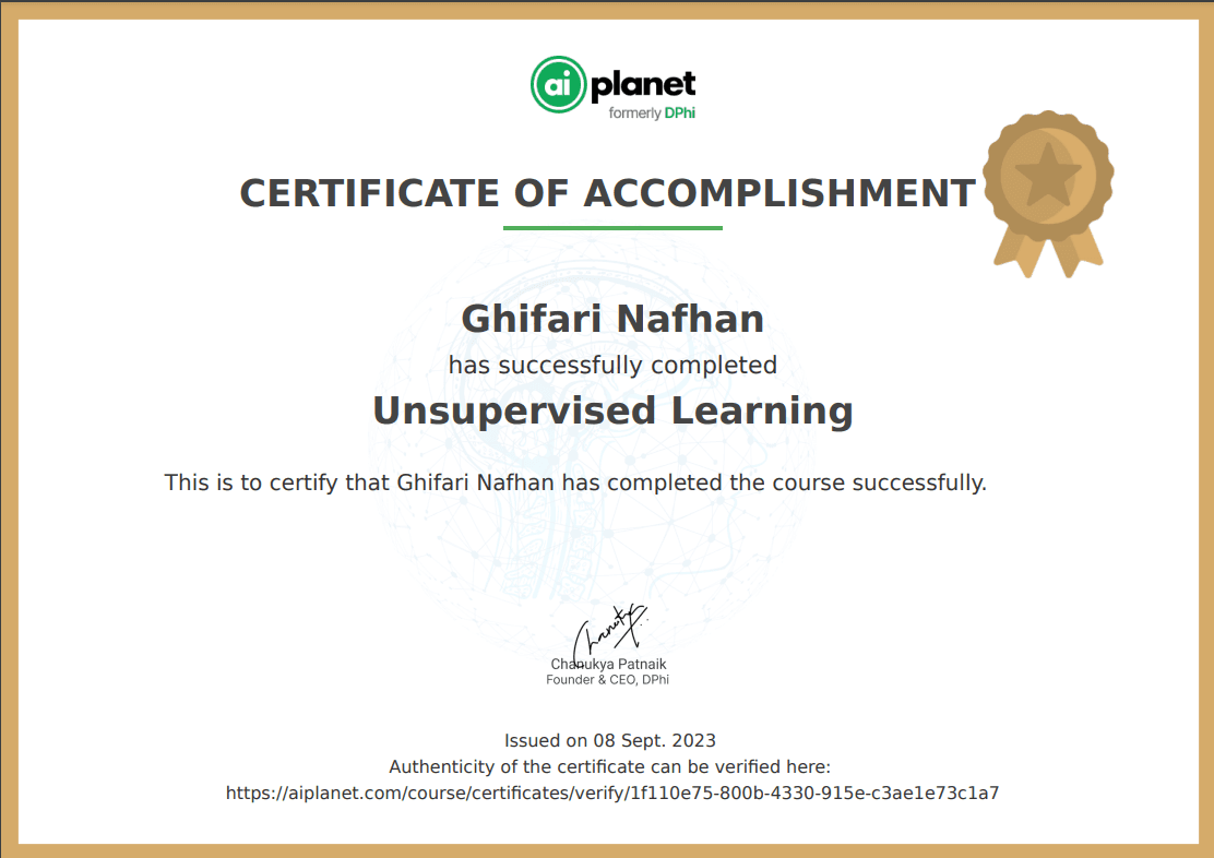 Machine Learning: Unsupervised Learning certificate, AI Planet