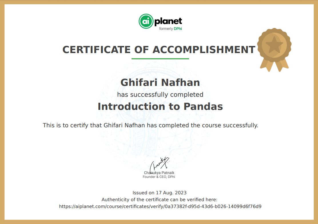 Machine Learning: Introduction to Pandas certificate, AI Planet
