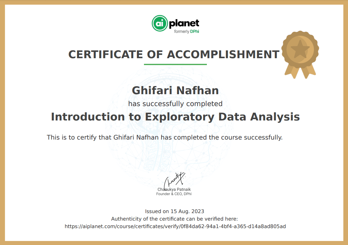 Introduction to Exploratory Data Analysis certificate, AI Planet
