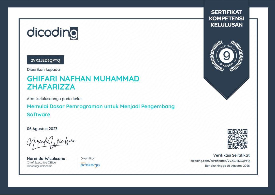 Memulai Dasar Pemrograman untuk Pengembang Software certificate, Dicoding Indonesia