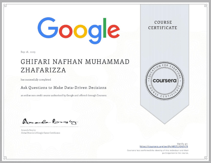 Data Analyst: Ask Questions to Make Data-Driven Decisions certificate, Google