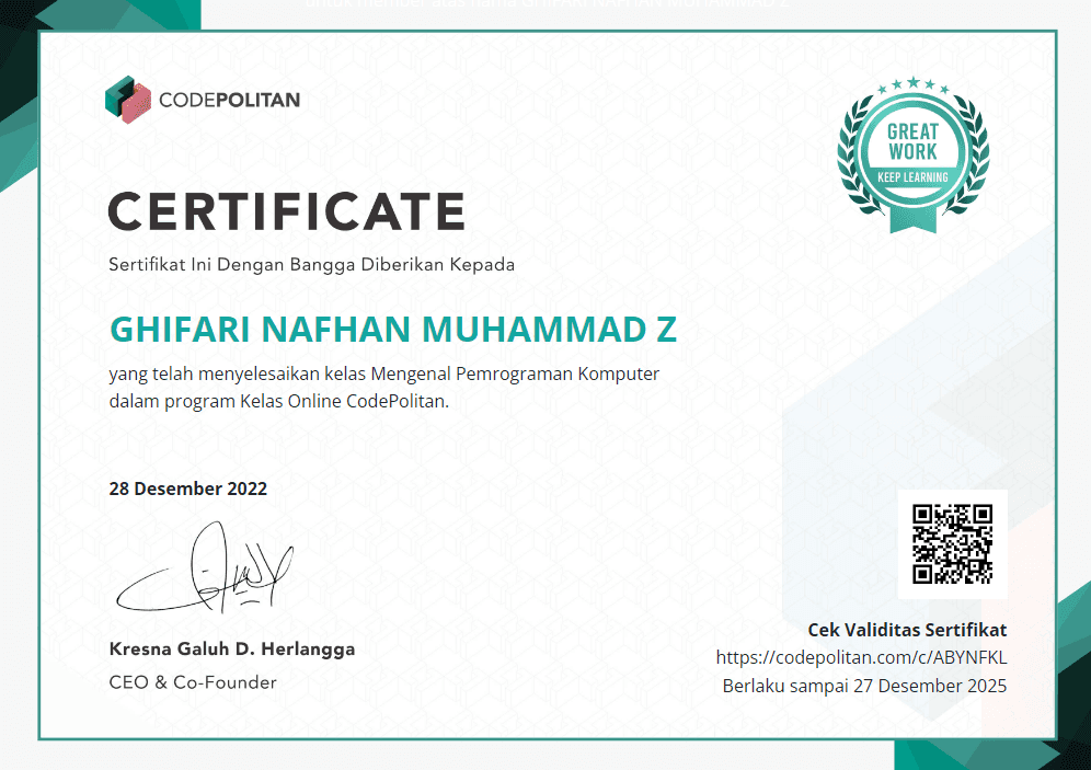 Kelas Mengenal Pemrograman Komputer certificate, Codepolitan