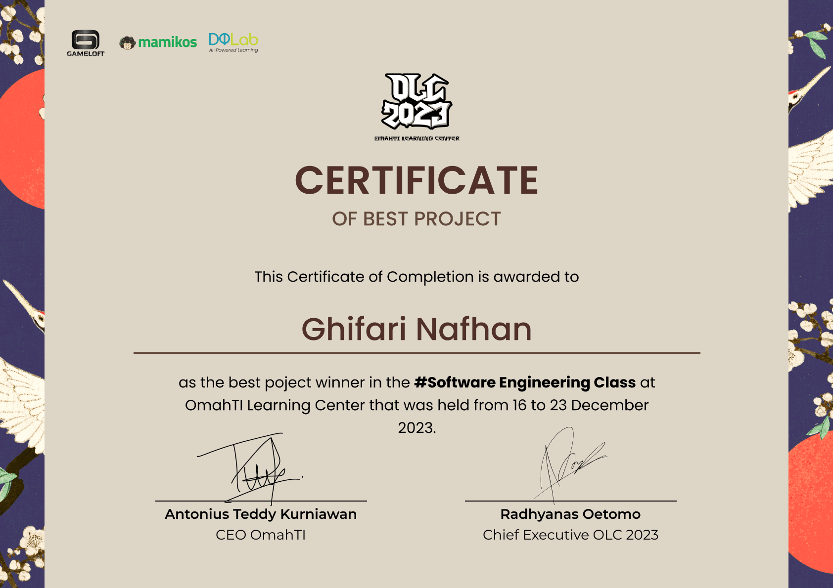 Best Project of Software Engineering Class certificate, OmahTI UGM