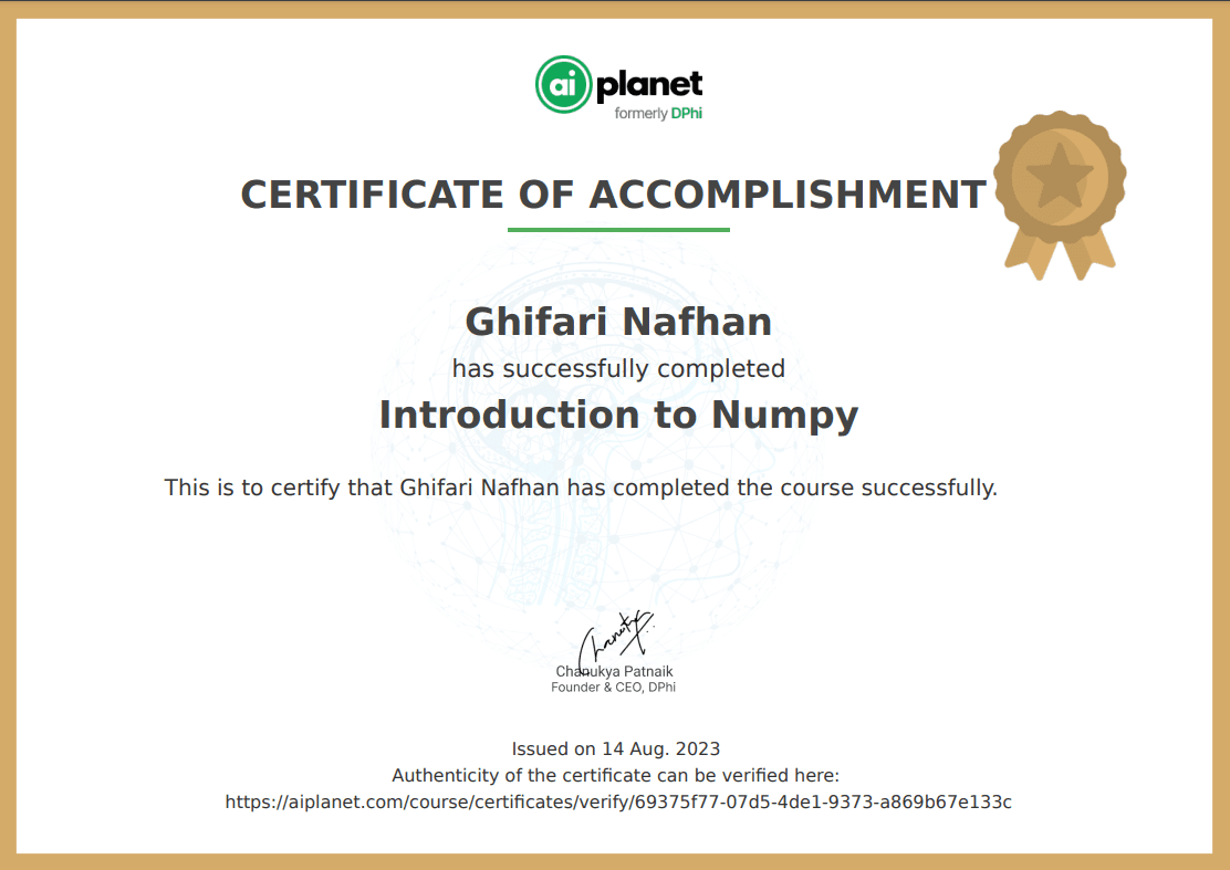 Machine Learning: Introduction to Numpy certificate, AI Planet