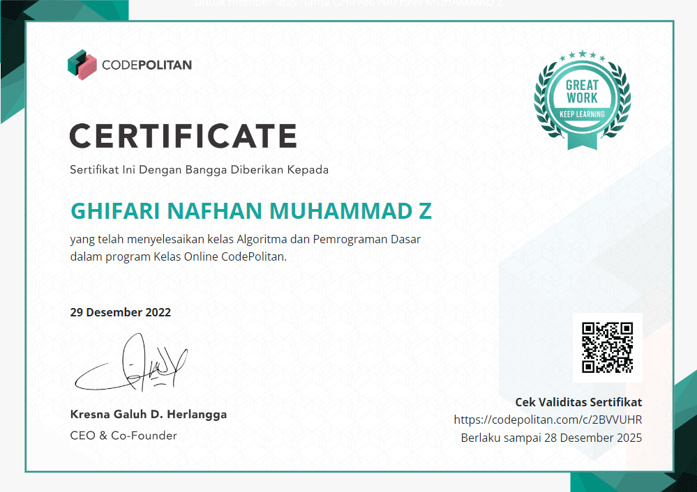 Kelas Algoritma dan Pemrograman Dasar certificate, Codepolitan