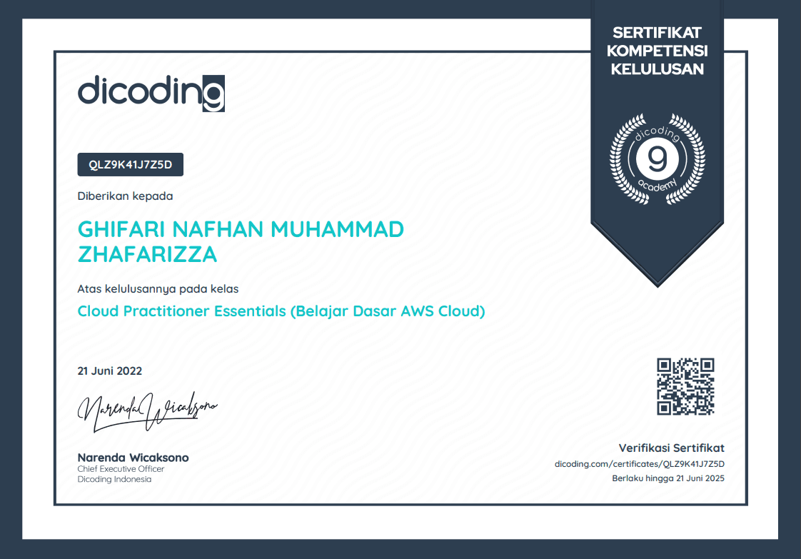 Cloud Practitioner Essentials (Belajar Dasar AWS Cloud) certificate, Dicoding Indonesia