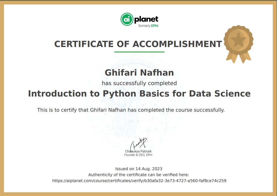Introduction to Python Basics for Data Science certificate, AI Planet