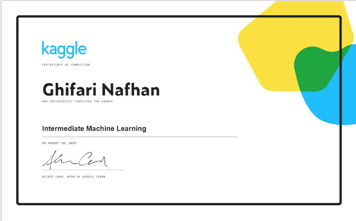 Machine Learning: Intermediate Machine Learning certificate, Kaggle