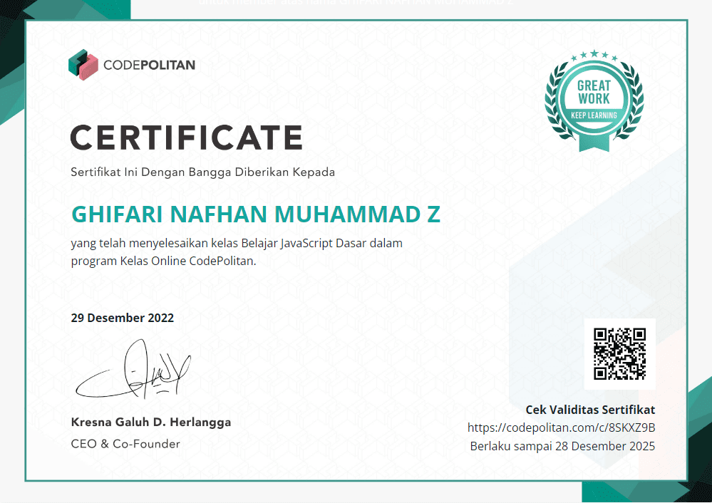 Kelas Belajar JavaScript Dasar certificate, Codepolitan